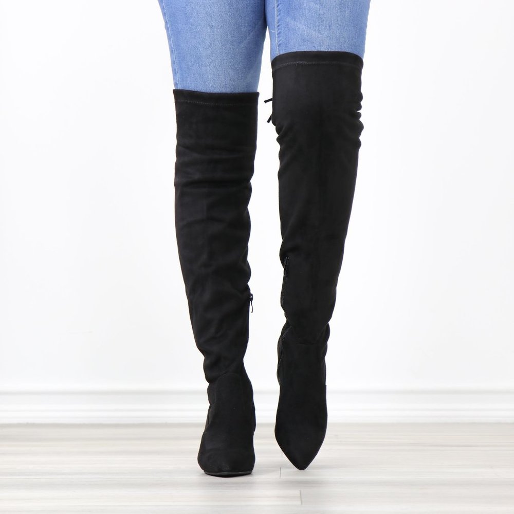Black Faux Suede Pointy Toe Thigh High Over The Knee Low Block Heel Boots_12